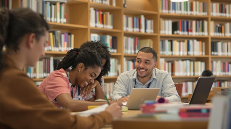 Étudiants souriants travaillant ensemble dans une bibliothèque entourée d'étagères remplies de livres