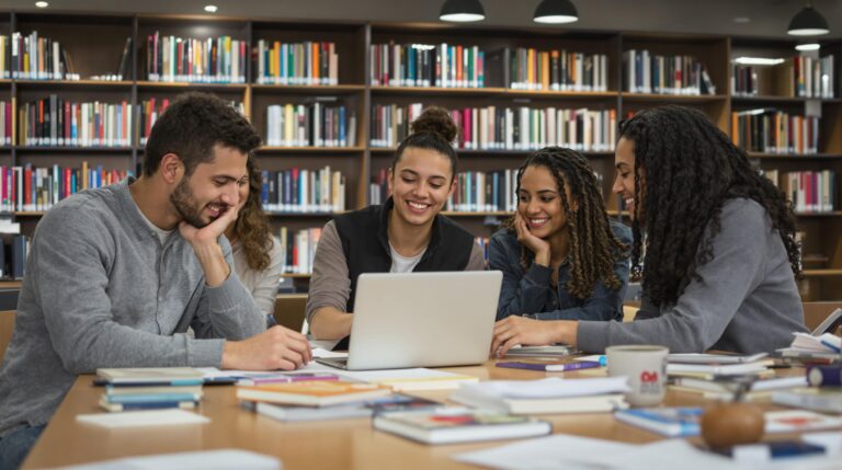 Group of students studying together in a library.